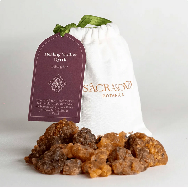 Sacred Myrrh resin tears beside a Sacrasoul pouch