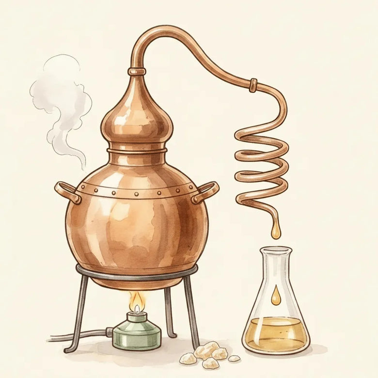 A copper alembic still, watercolour