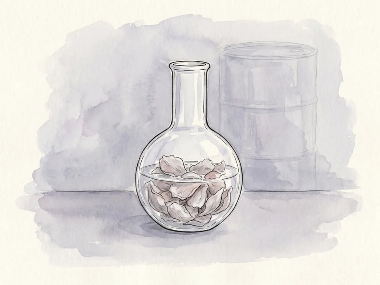 Okvětní lístky růží máčené v chemickém rozpouštědle v laboratorní nádobě, ilustrace