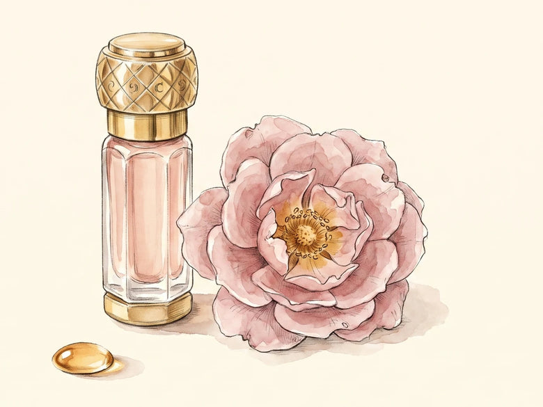 Malá lahvička Růže Otto vedle rozkvetlé damašské růže, kapka oleje spočívá vedle ní, ilustrace