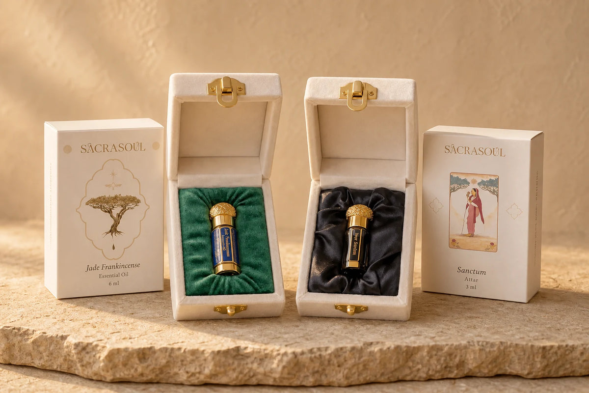 Both Sanctum boxes open side by side, each oil in its own velvet bed