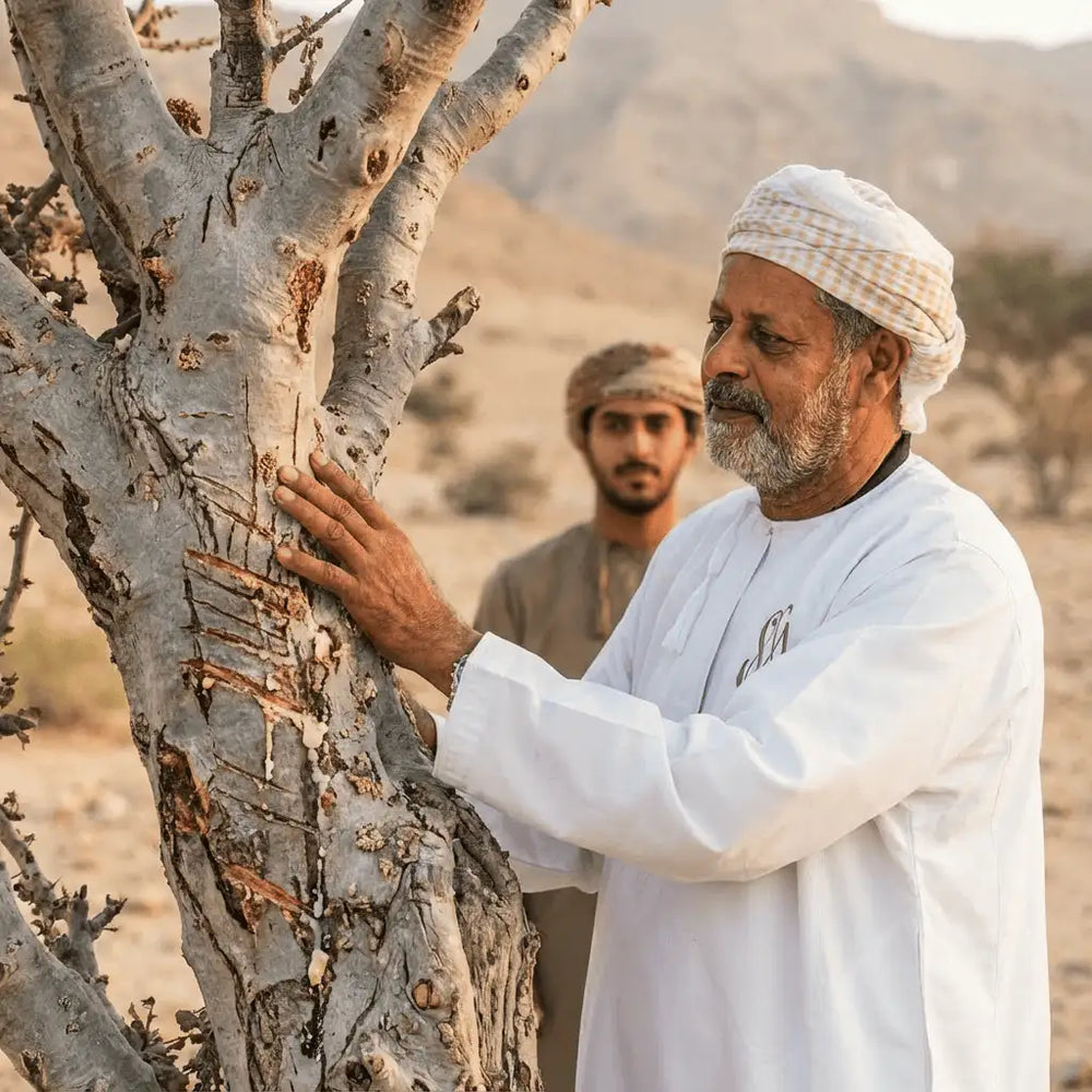 Ahmed Al Khatiri and his family beside their frankincense trees in Dhofar
