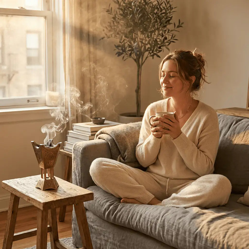Sacred meditation space with rising smoke