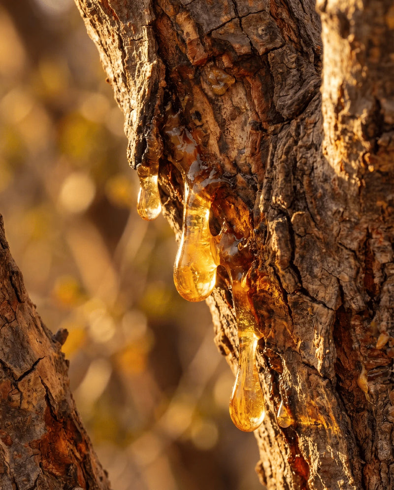 Golden myrrh resin tears forming on the wounded bark of a Commiphora tree