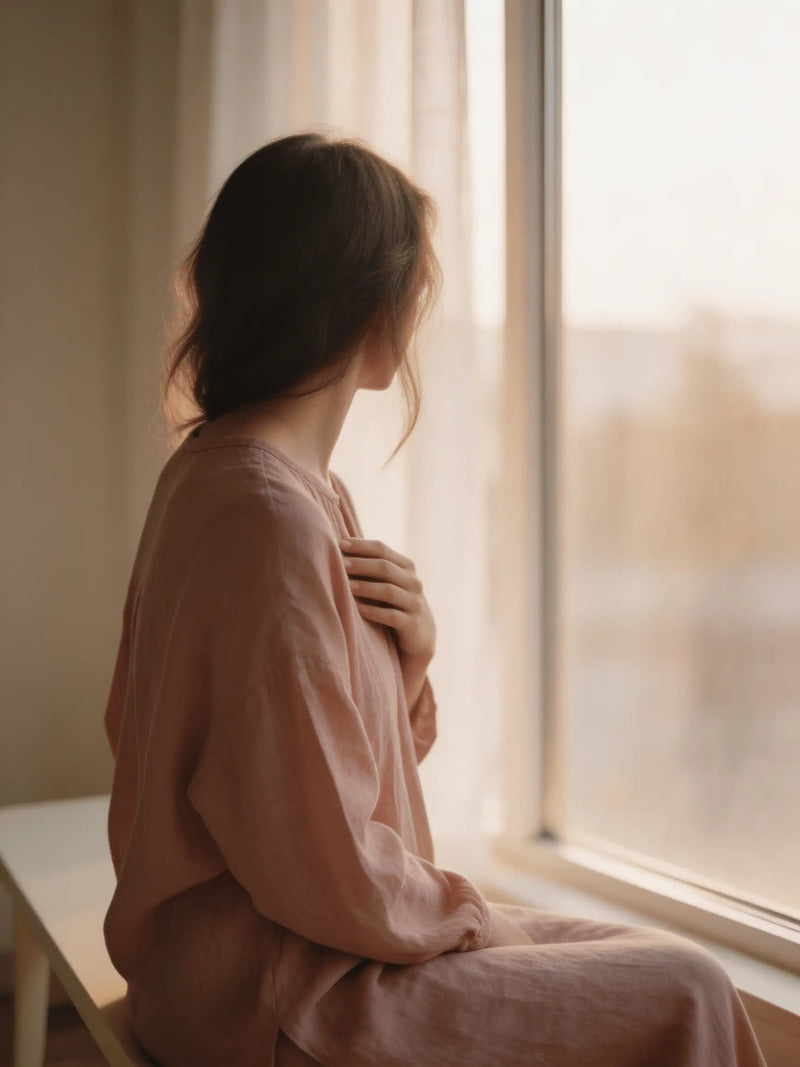 Woman sitting by a window with hand on her chest, soft morning light, a quiet moment of feeling