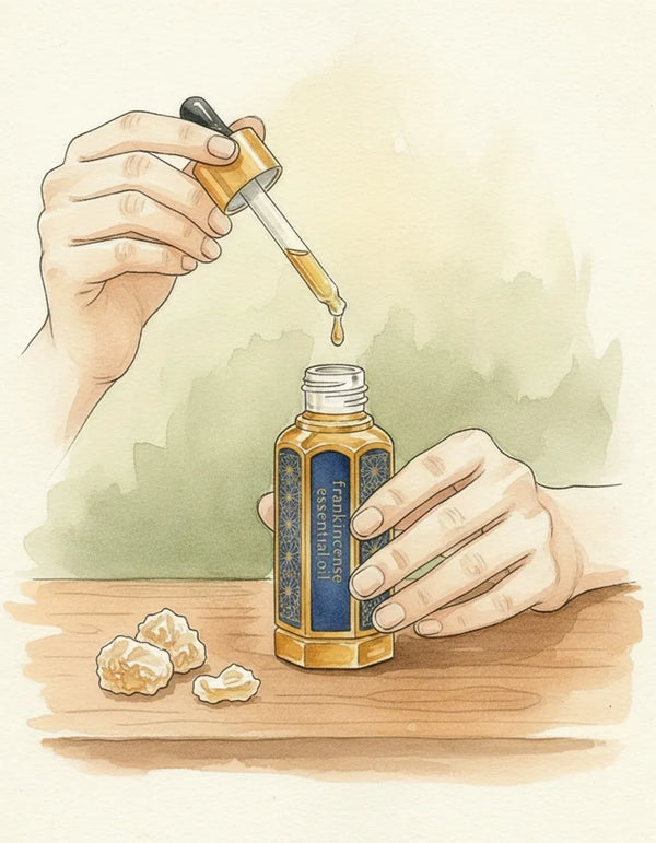 Hands filling a small amber bottle at the bench, watercolour