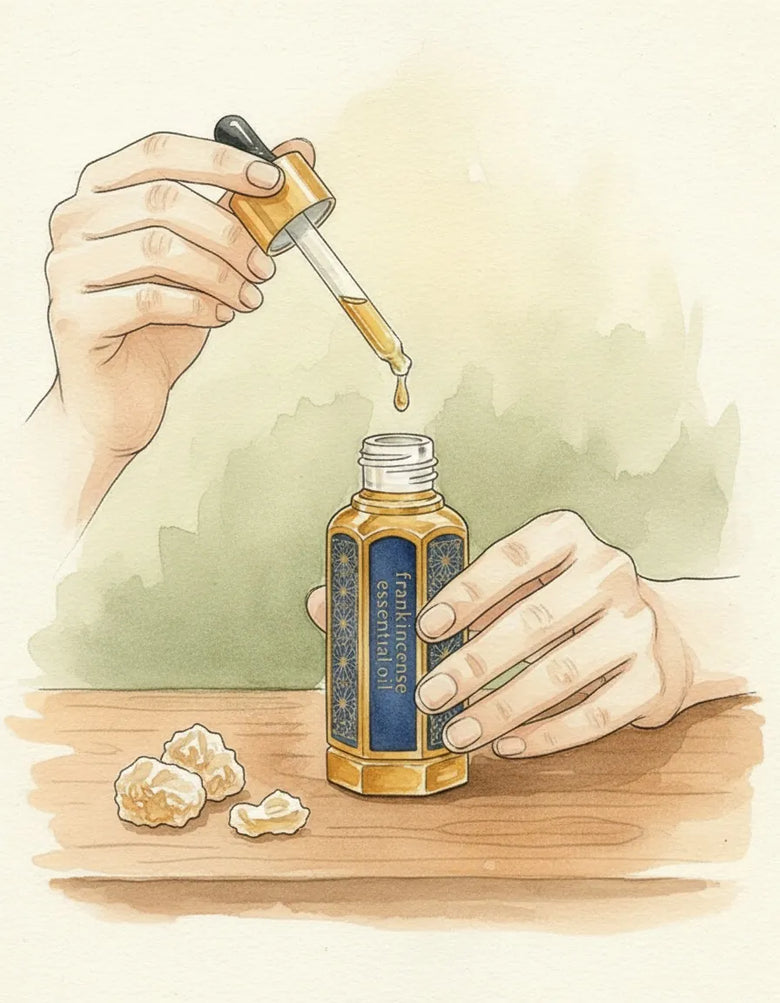 Hands filling a small amber bottle at the bench, watercolour