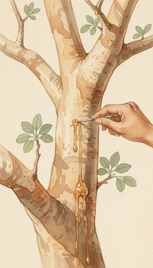A hand scoring resin from a Boswellia tree, watercolour