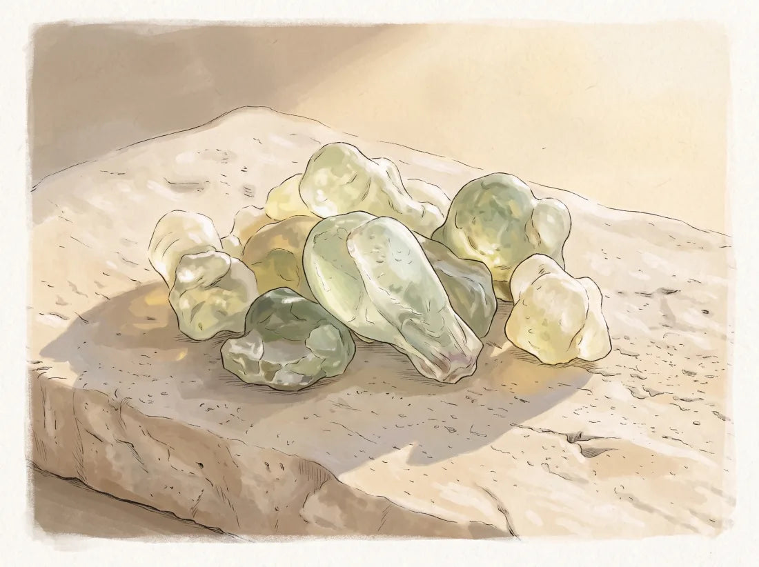 A few rare, pale green Hojari resin tears