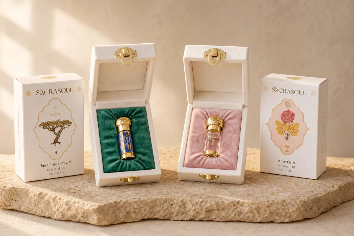 Both King and Queen boxes open side by side, each oil in its own velvet bed