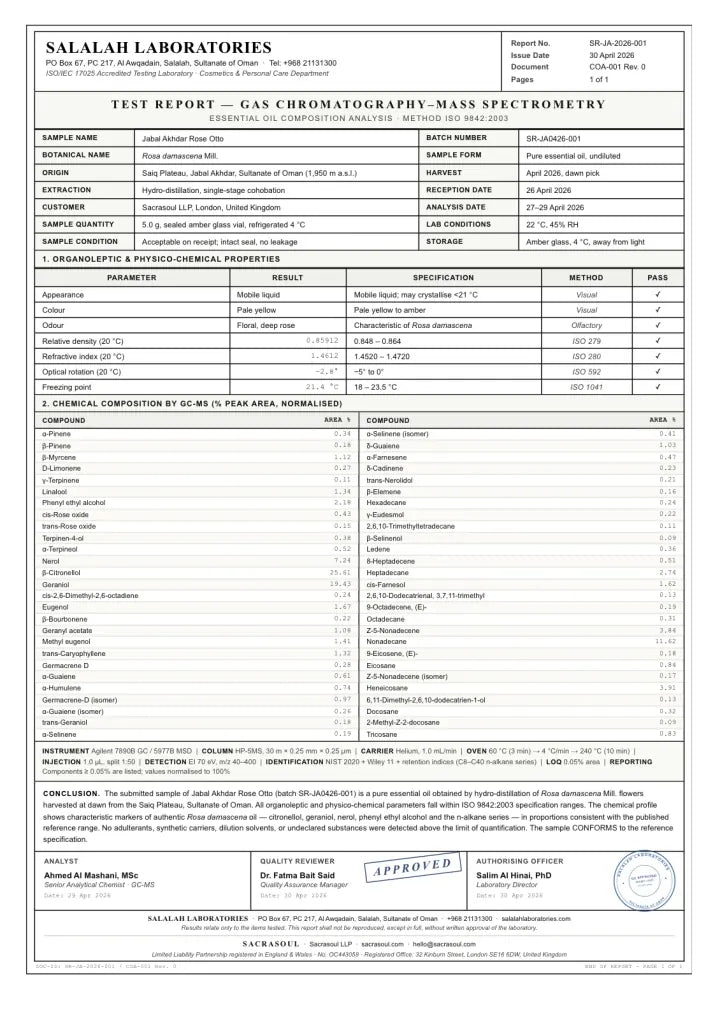 Sacrasoul GC-MS-laboratoriumrapport voor Rose Otto, eerste pagina