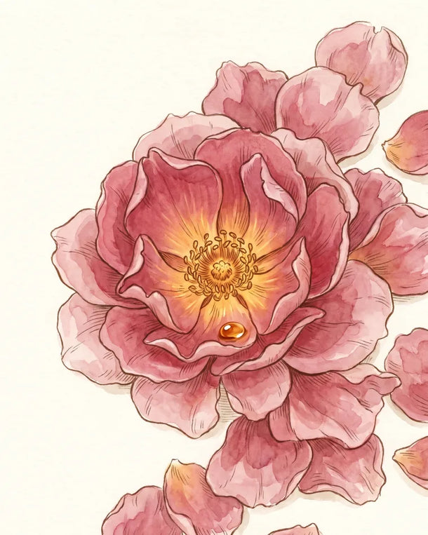 Srdcová nota, ilustrace: plná, medová růže, sama Rosa damascena